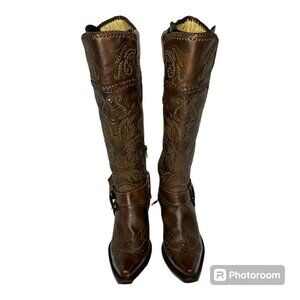 Corral Vintage Studded Harness Cowgirl Snip Toe Boots Brown Size 7.5 G1116 16" T